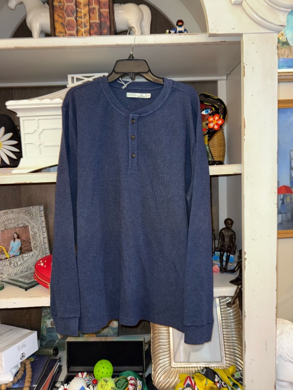 Criquet Xxl mens thermal waffle henley long sleeved shirt blue - Picture 2 of 5